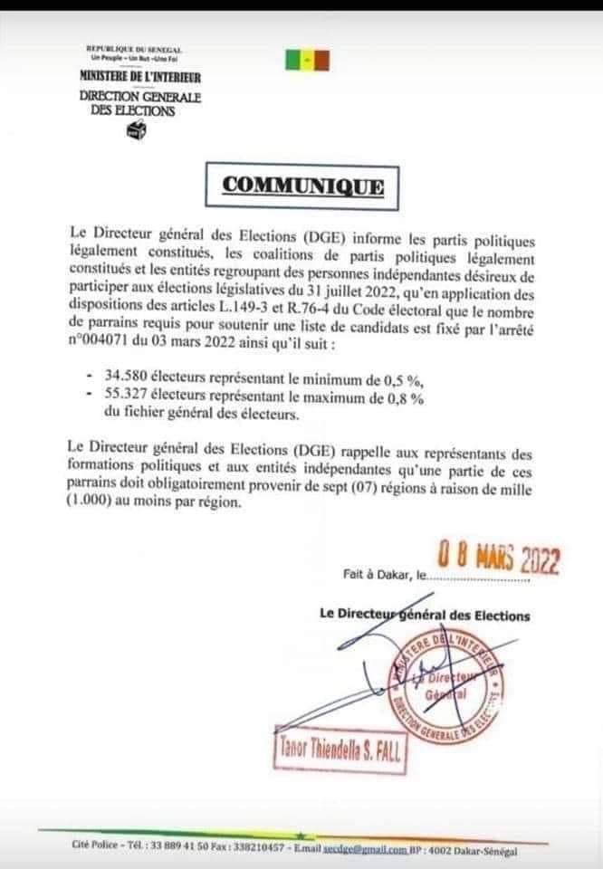 Politique: Parrainage aux prochaines élections legislatives (Communiquée)