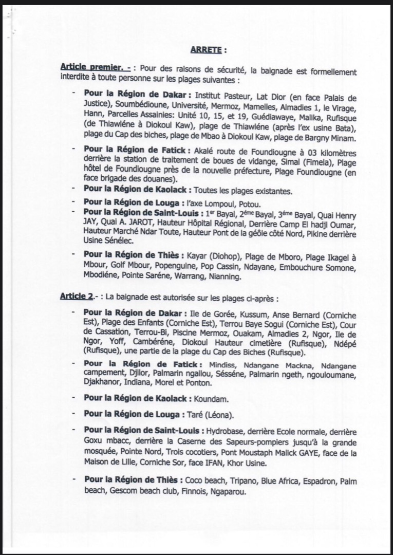 La listes des plages autorisées et non autorisées pour la baignade