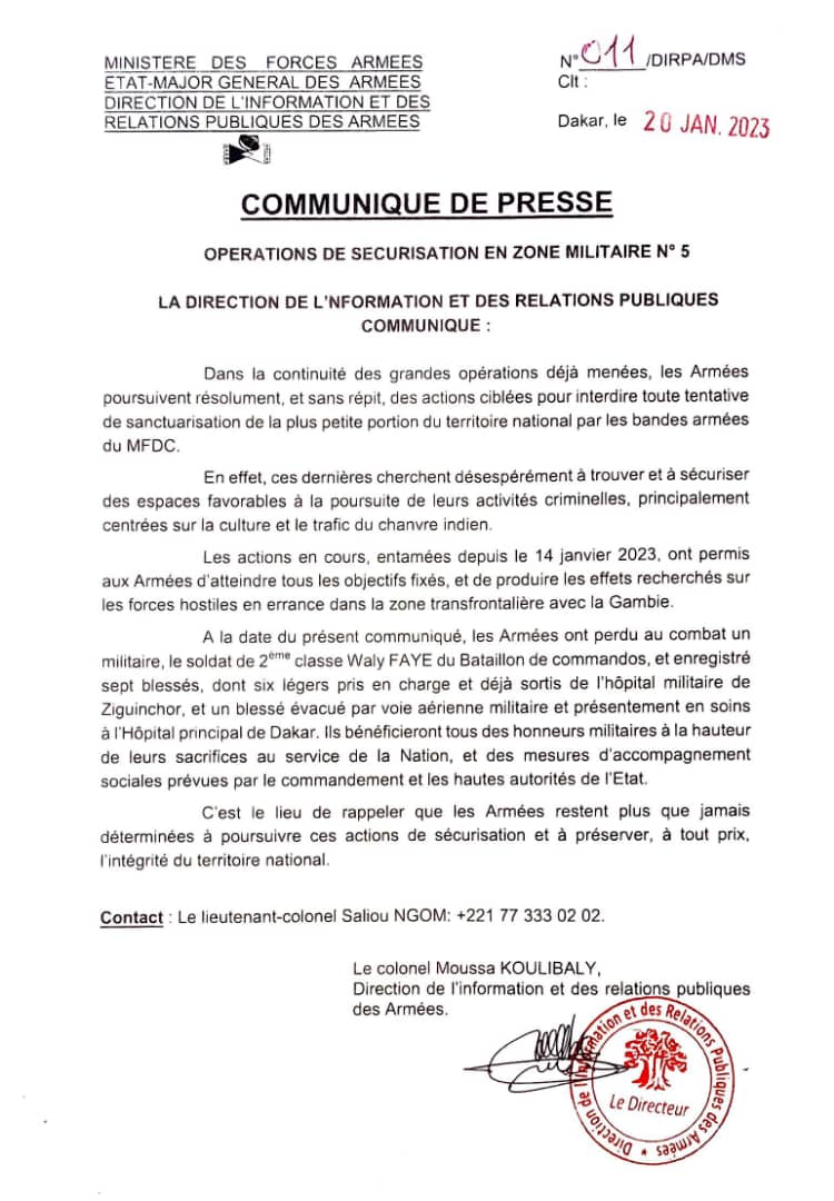 Ziguinchor, l’Armée a atteint ses objectifs.