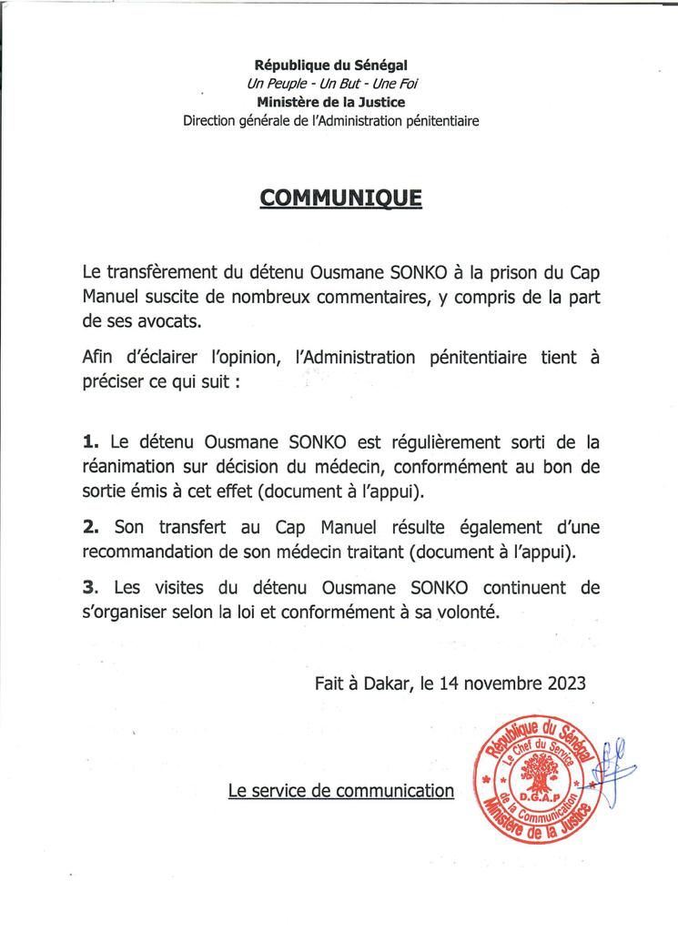 Transfert du détenu Ousmane Sonko : Communiqué de presse de la Direction générale de l’Administration pénitentiaire.
