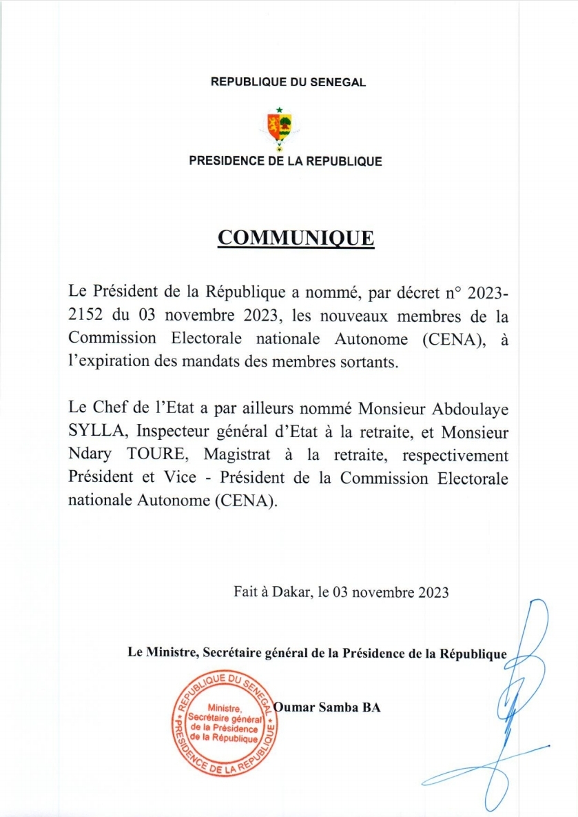Décret n° 2023 – 2152 Portant nomination des membres de la Commission électorale nationale autonome (CENA) 