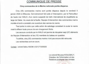 Cinq commandos de la Marine sénégalaise portés disparus au cours d’une intervention de lutte contre le trafic international de drogue.