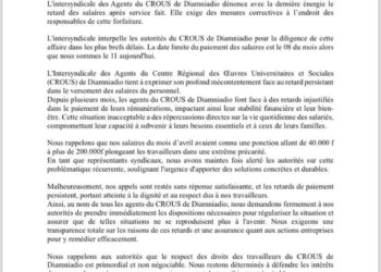 L’Intersyndicale des Agents du CROUS de Diamniadio dénonce le retard de salaires et exige des mesures correctives